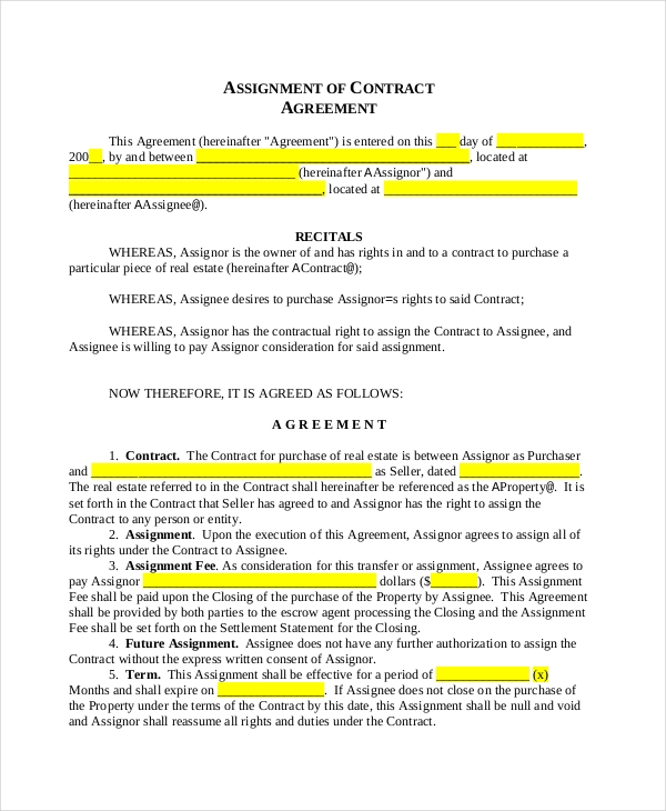 Assignment of a purchase contract Assignment of a purchase contract